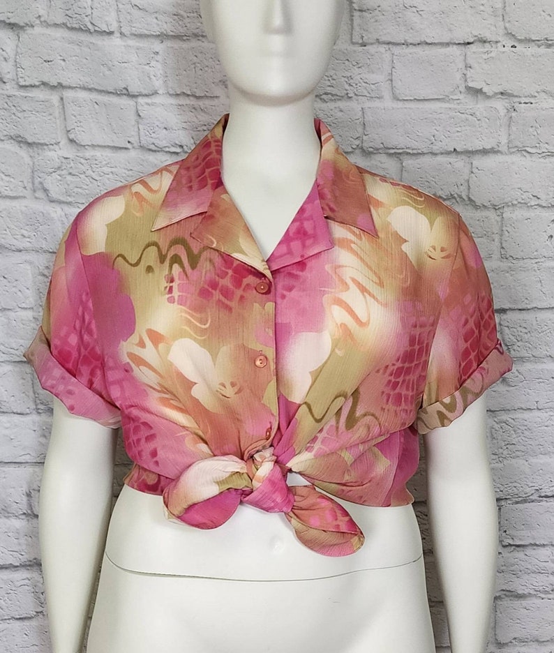 90s Plus Size Hot Pink Hawaiian abstract Pineapple Shirt Blouse floral Short Sleeves vintage retro blouse image 4