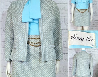 60s/70s Plus Size Suit, Blazer Mini dress, tie collar, Size XL, flight attendant, vintage Retro Robins egg blue tan stripe 2pc set