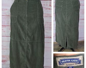 Y2k Cotton corduroy Maxi Skirt, dusty olive green zip fly, midi/ankle Length Skirt Size 12