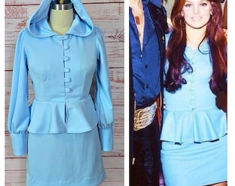 Priscilla Blue Peplum Mini Dress, cuff puff sleeves, Mod Mini 60s/70s sample hood