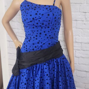 80s Prom Dress, Blue Black flocked velvet polkadot asymmetrical midi Bombshell Gown 1980s does 50s Drop Waist Bow XS image 2