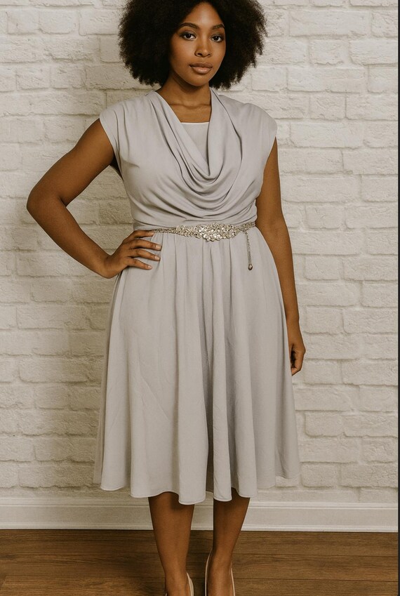 70s Pale Gray Disco Dress, Cowl Neck Cap Sleeve Sunburst Pleated Midi Skirt Size L