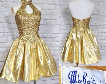 80s/90s Short Prom Dress, Mike Benet, Vintage Dress 1990s Gold Lame, 80s Party Dress Halter Keyhole, S