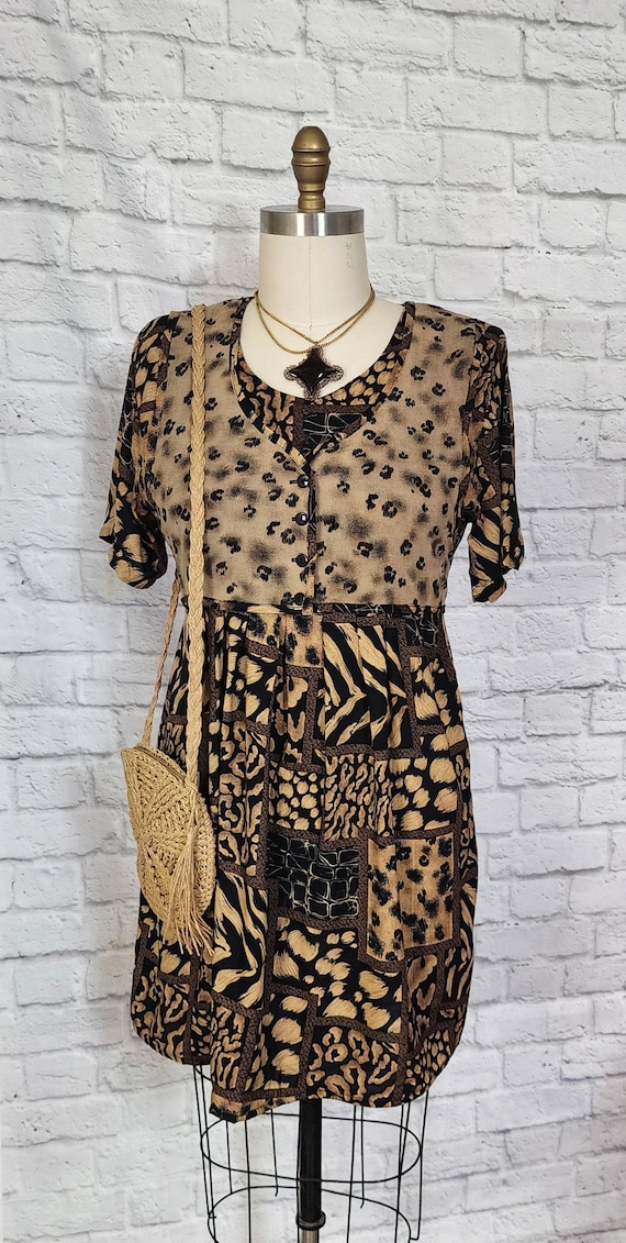 90s Dress, Animal Big cat Print Babydoll, Faux ve… - image 2