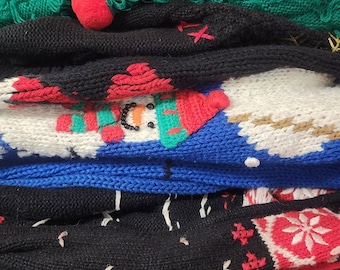 U Pick! Ugly Christmas Vests & Sweaters, knit cotton Rami acrylic Beaded Santa Snowman Poinsettia Snow Flake Novelty 1990s All Sizes