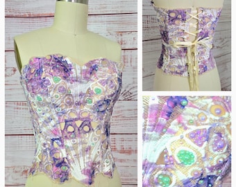 Overbust Corset, sheer mesh Mermaid Fairy, lace waist cincher, Ariel Bustier, Halloween Purple green
