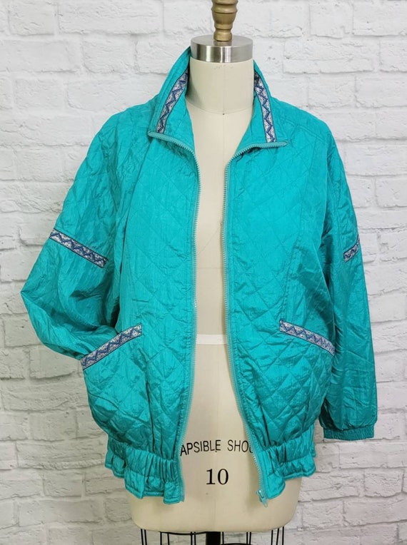 Sz L 90s Windbreaker Nylon Solid Teal Blue Green Jacket