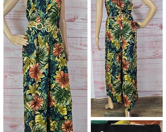 90s Jumpsuit hawaiian print wide leg, rust, olive green Black Casual Pinup Summer