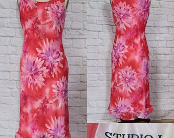 90s Y2K Bias Cut Slip Dress, hot pink Fuchsia floral, midi shift,  abstract tiedye floral, Dopamine dressing