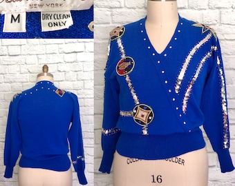 80er 1980er Jahre Royal Blau Bling Sweater Top Shirt Pullover Pailletten Strass Perlen Slouchy Glam Vintage Retro Bluse