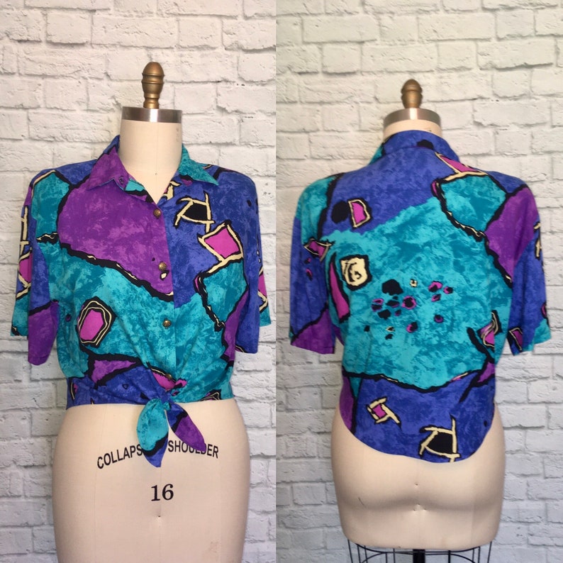 90s Rayon Top Tie Front Abstract Print Blouse Shirt Short Sleeves size Large 12