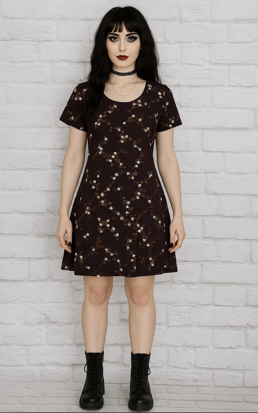 90s babydoll Dress, empire waist, earthtone brown floral, minimalist grunge, witchy vibes whimsigoth Phoebe Buffay
