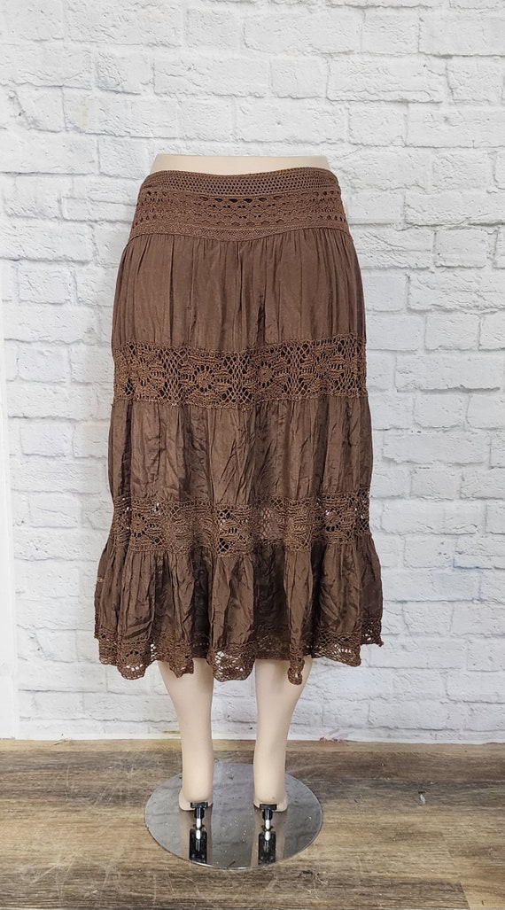 Y2K 90s Skirt, brown beaded flared maxi ruffle ti… - image 5