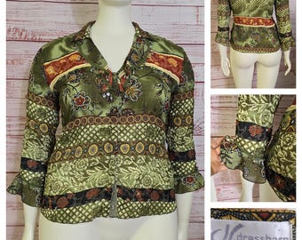 Y2K Crinkle Ruffle Chiffon Blouse, ruffle collar and sleeves  Whimsigoth green Floral