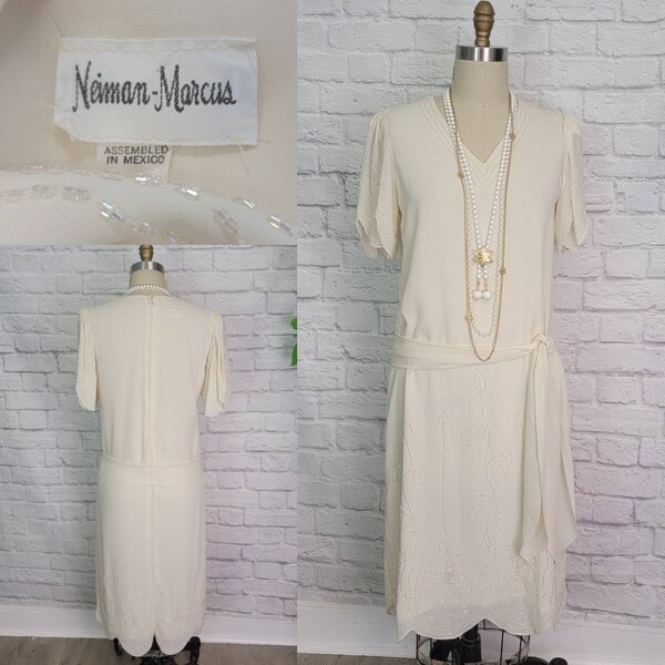 80s does 20s Ivory beaded crepe Flapper Dress Gatsby Party Bridal shower reception theater costume Large