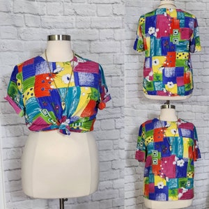Vintage Shirt 80s Shirt Silky Bright Abstract Vibrant Multi Print vintage retro blouse