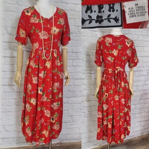 90s red babydoll maxi dress short sleeves flowy rayon  floral