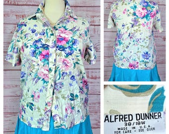 90s Button Front Blouse Short Sleeves Pastel cottagecore Floral XL Plus