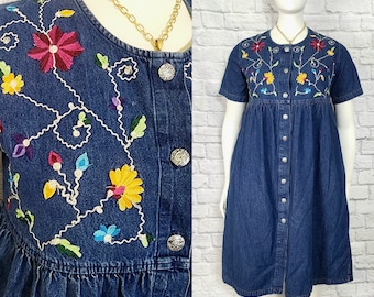 90s Denim Blue Dress colorful floral embroidery top button front midi length Short sleeves Size L