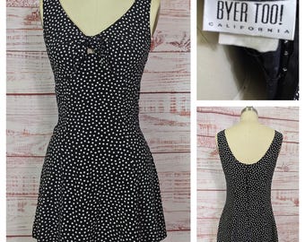 90s Black Polka Dot Mini Dress, Tie Bow Bust, Flared Skirt, Byer Too!