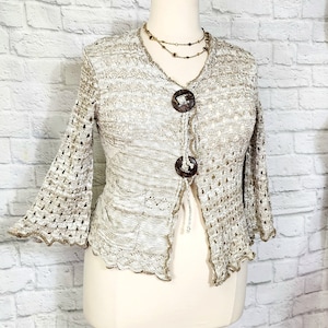 Y2K vintage Sweater,  beige White Bell sleeve ruffle cardigan Beaded granola boho whimsigoth New Boho coastal cowgirl new boho