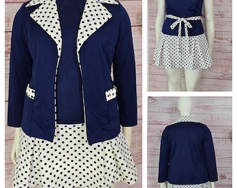 1970s Dress and jacket Set,  sleeveless drop waist mini dress 2pc-navy blue polkadot
