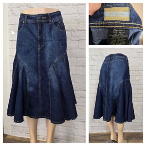 Y2K High Waist Maxi Skirt, .mermaid flared zip fly midi Length Jean Skirt Size large Dark Wash