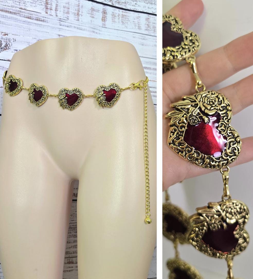 Vintage Goldtone Heart Chain Belt Size S with Dangle Chain Very Cute gold-tone-heart-shape-metal-  main image 3