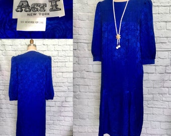 S/m Silk 80s does 20s Flapper Dress Gatsby 1920s Murder Mystery Party Royal Blue Drop Waist