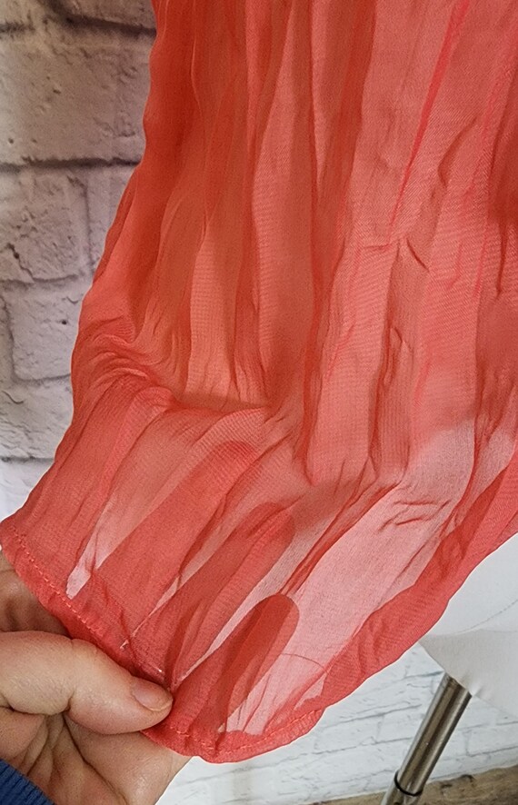 Coral Y2K Crinkle Ruffle Chiffon Blouse tie bell … - image 6