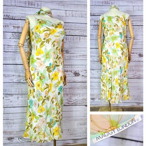Y2k/90s Silk bias cut slip dress & scarf, yellow green floral, wedding guest, ankle maxi Sun Dress Sundress, bohemian boho