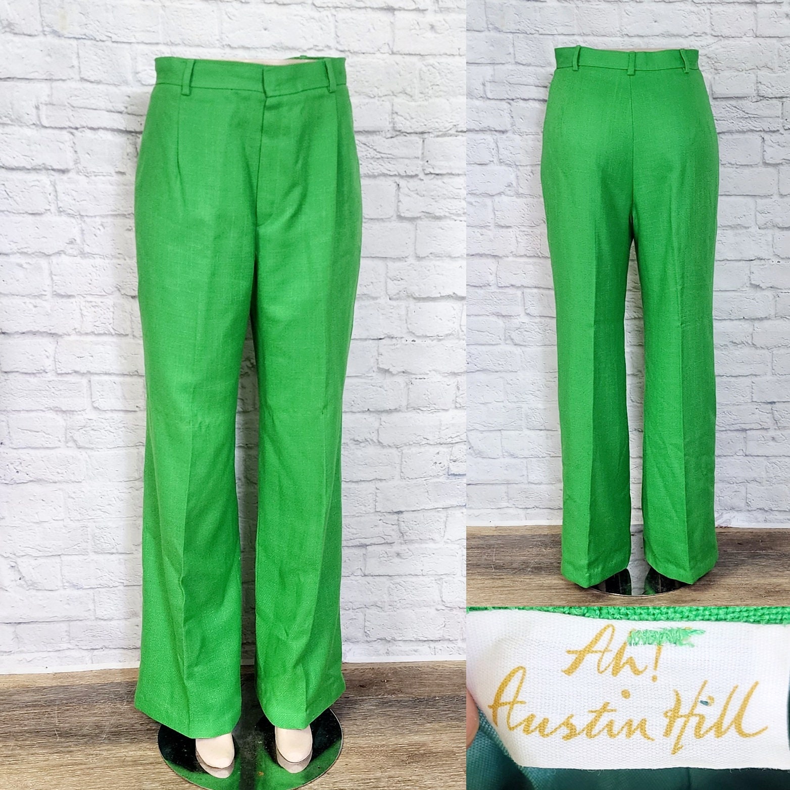 70s Trouser Pants, Bright Kelly Green Wide Leg High Rise