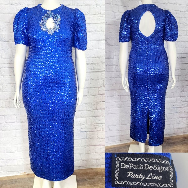 80s Prom Dress Blue Sequin Stretch Keyhole front & back, puff sleeves, Glam Body Con 1980s Size L