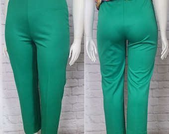 70s Pants high waist elastic waist kelly green Poly Knit Straight Leg