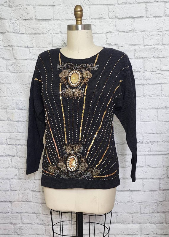 80s Sweater, Black Gold, 1980s Pullover, beaded S… - image 4