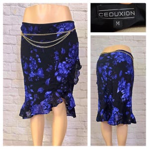 90s/Y2K Skirt, bias cut asymmetrical ruffle flounce, high low, casual blue purple floral on black Whimsigoth