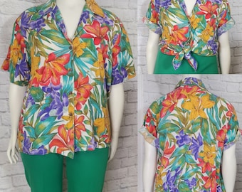 Sz 1XL 90s Multi color rayon shirt Fall Hawaiian print short sleeves vintage retro blouse