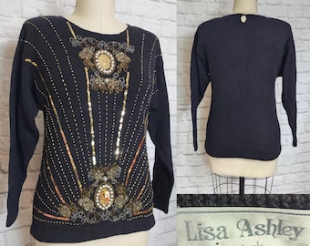 80s Sweater, Black Gold, 1980s Pullover, beaded Sequin long sleeve oversized
