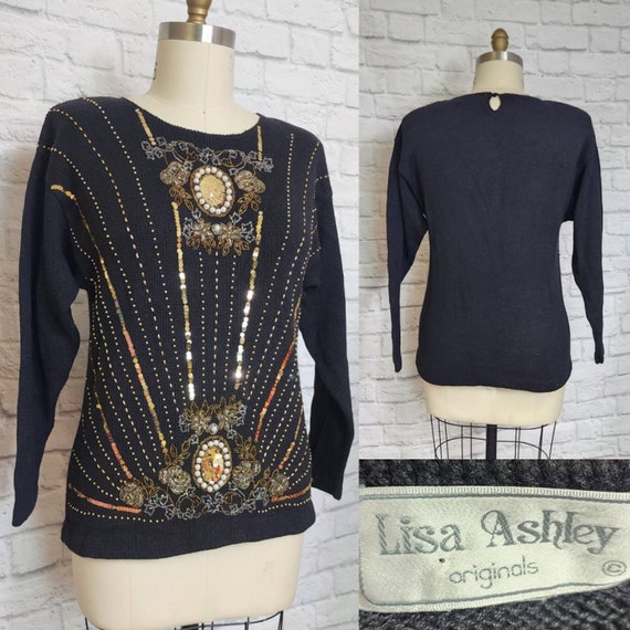 80s Sweater, Black Gold, 1980s Pullover, beaded S… - image 1