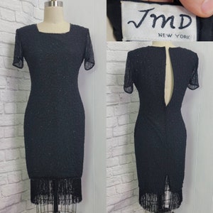 vintage jaren 90 jaren &#39;20 stijl jurk zwarte pailletten franje- Gatsby jaren 1920 flapper party-zijde sprankelende glamour korte mouwen maat 6