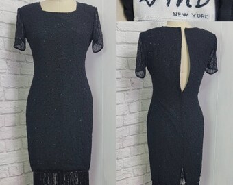 vintage 90s does  20s Style Dress Black Sequin Fringe- Gatsby 1920s Flapper Party- Silk Sparkly Glam Short Sleeves Size 6