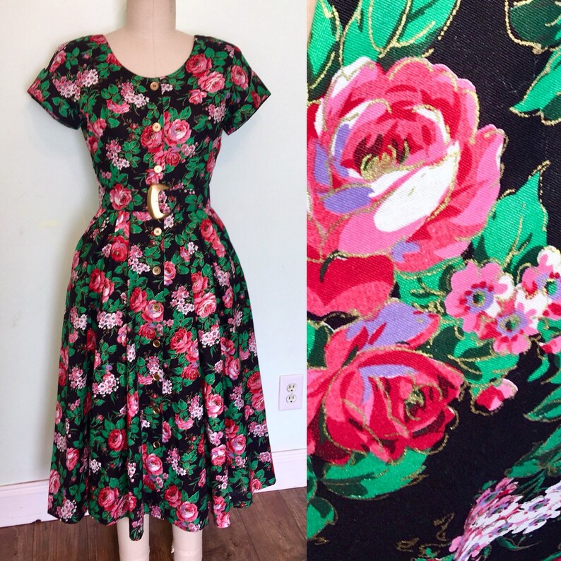 1980s does 1950s Floral Shirtwaist Black Nancy Stranger Things Rose Print button front Cutout Open Back Short Sleeve Size 10 large