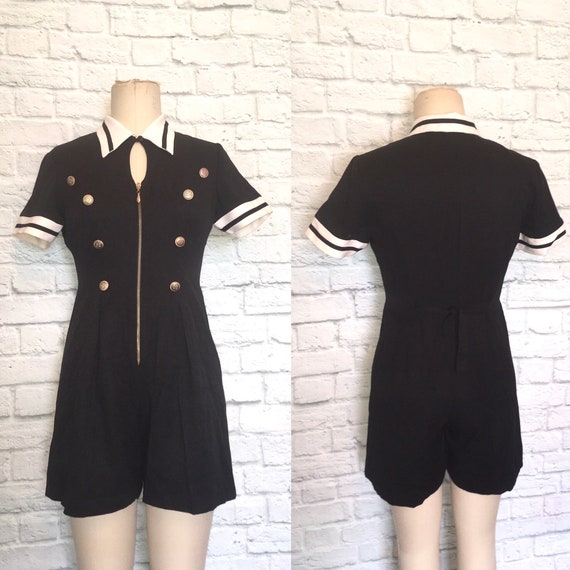 90s Black Sexy Sailor Romper Jumpsuit, Keyhole Zip