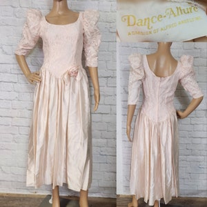 80s Satin and lace Pink  bridesmaid prom Dress Puff sleeves Tea length