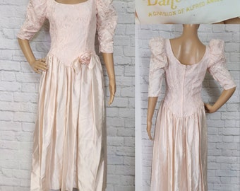 80s Satin and lace Pink  bridesmaid prom Dress Puff sleeves Tea length