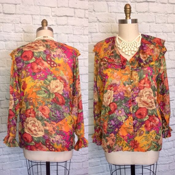 80s 90s Shirt orange Ruffle Peasant Blouse V Neck… - image 2