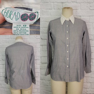 80s Blouse, menswear style Ivory Collar blue yellow Stripe Size Medium workcore professional shirt vintage retro blouse