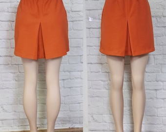 70s Mini skirt, Orange Pleated Front, High Elastic Waist, 1970s Aline gogo, mod, size medium