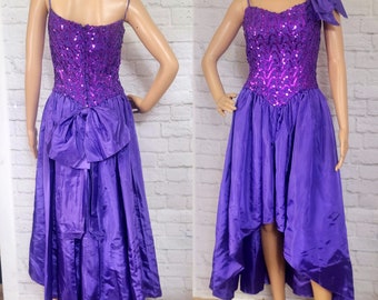 1980s Prom Dress, Purple Sequin Bodice, taffeta high low Bow Dress Party Glam Formal S