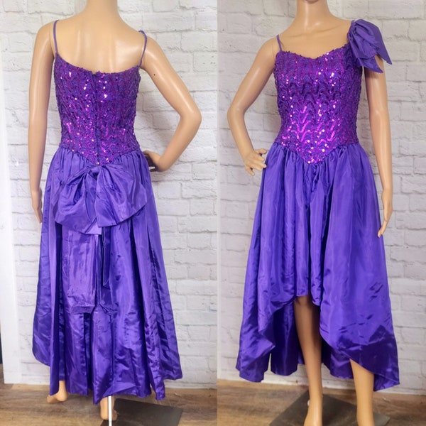 1980s Prom Dress, Purple Sequin Bodice, taffeta high low Bow Dress Party Glam Formal S